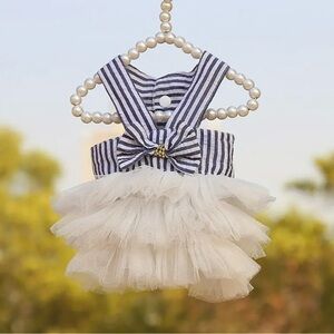 Pet blue and white stripes dress with white tutu bow skirt xtra small size